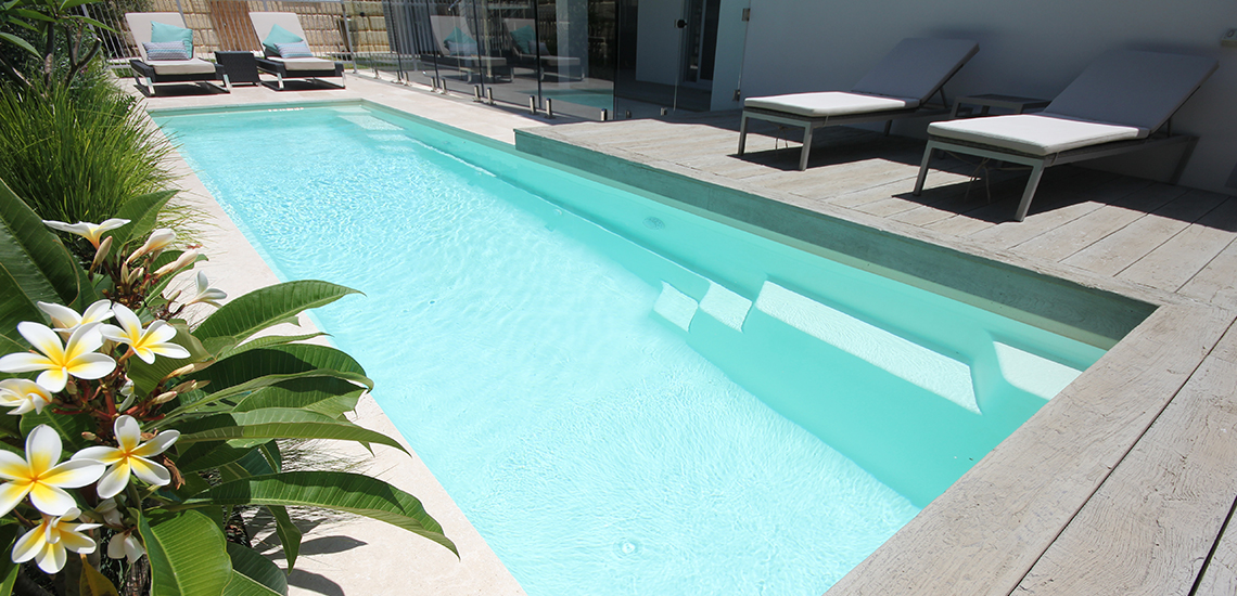 "Primo" Fibreglass Swimming Pool with "White Quartz" Pool Colour