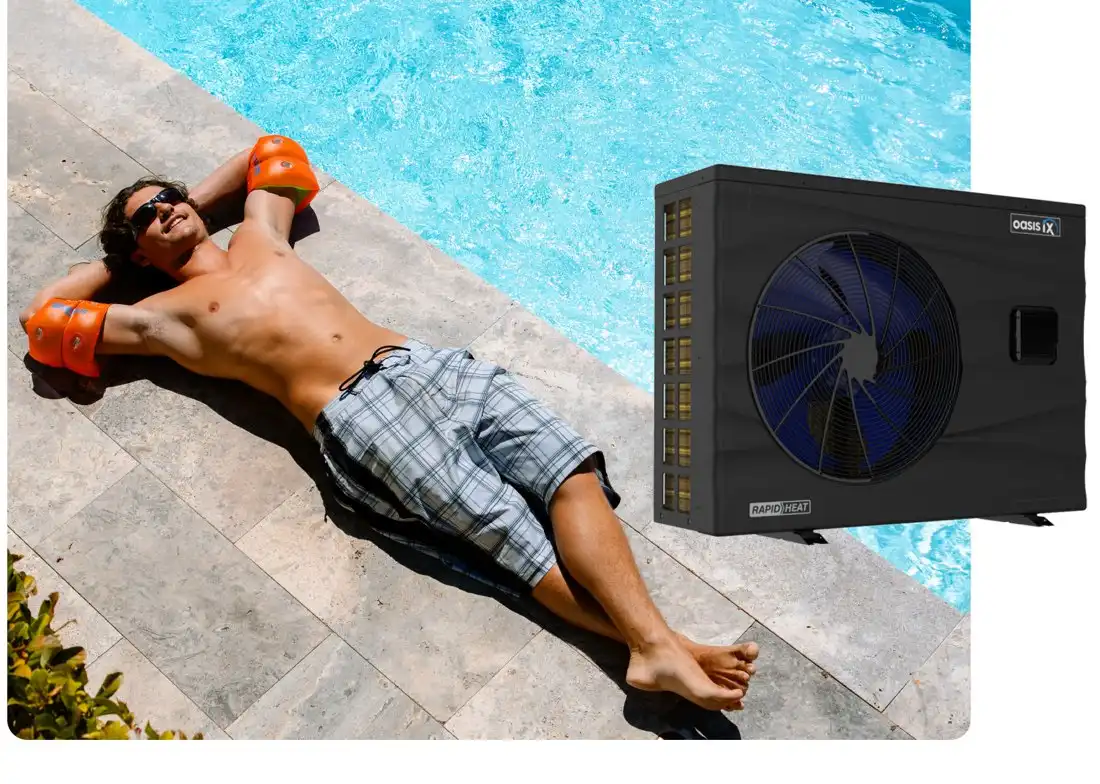 Person relaxing poolside next to the Sunlover Oasis IX pool heater